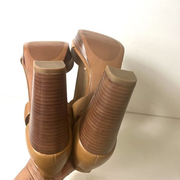 Franco Sarto Tan Leather T-Strap Peep Toe Ultra High Heel Sandals Womens Sz 8.5M - Picture 7 of 11